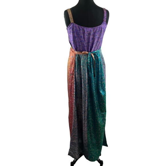 FASHION FUSE Multicolor PURE Silk Sleeveless Scoop Neck Tie Belt Maxi Dress Sz S - Picture 6 of 8